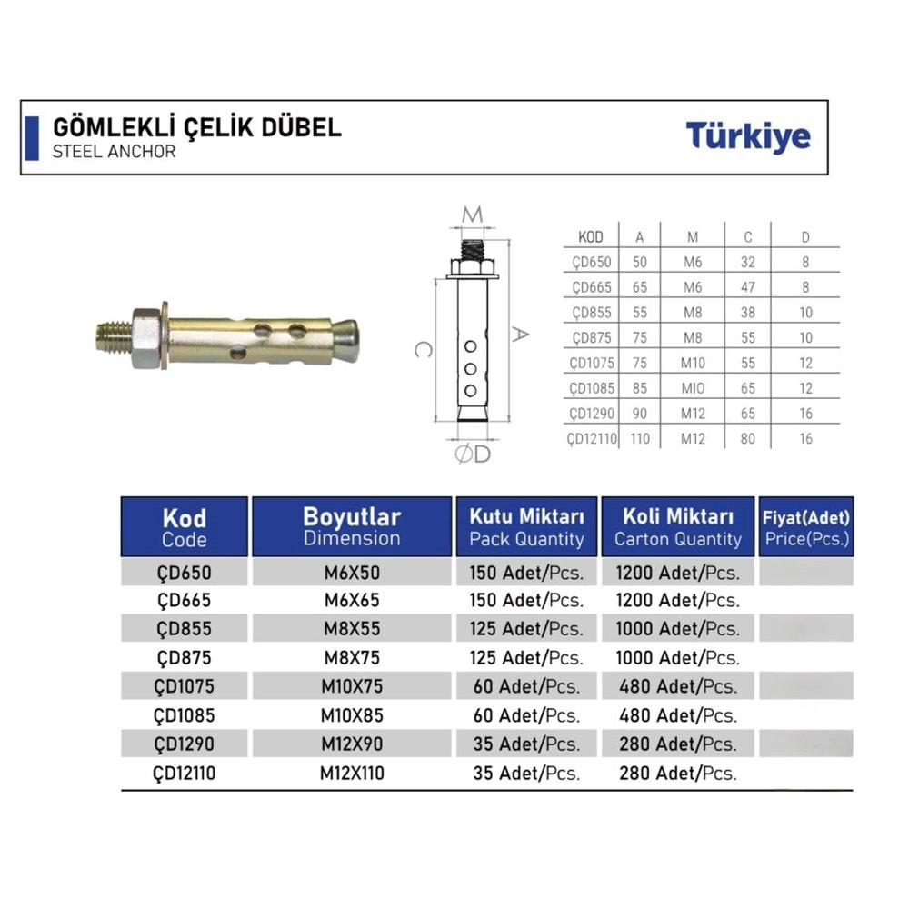 BEŞEL GÖMLEKLİ ÇELİK DÜBEL M6X65