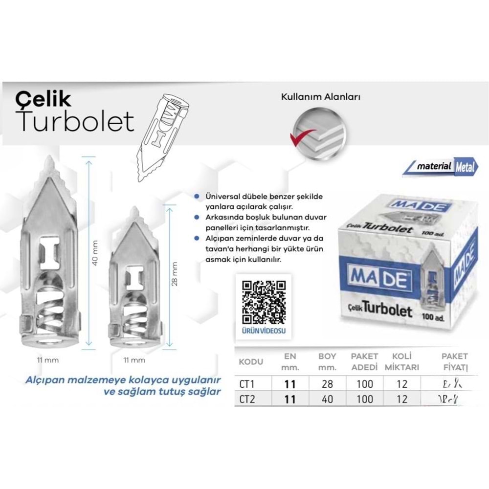 MADE ÇELİK TURBOLET DÜBEL 40MM 100AD