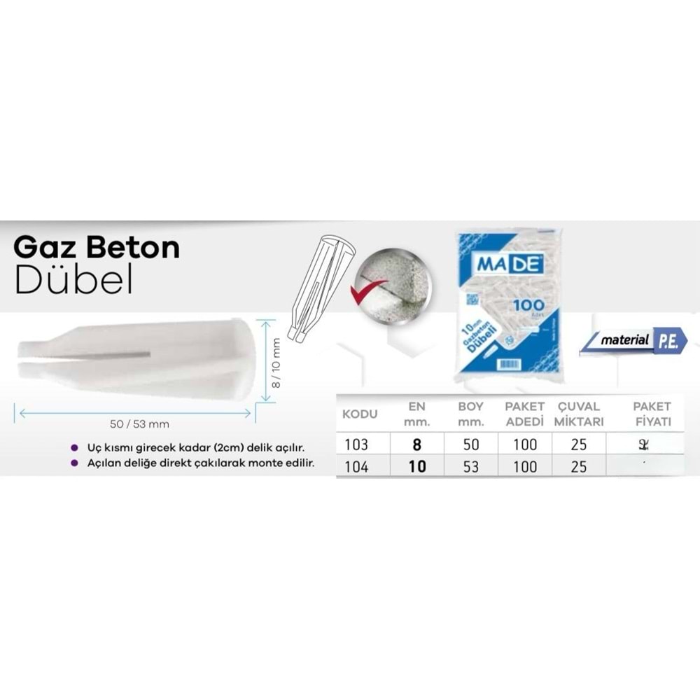 MADE GAZ BETON DÜBELİ 10MM 100AD