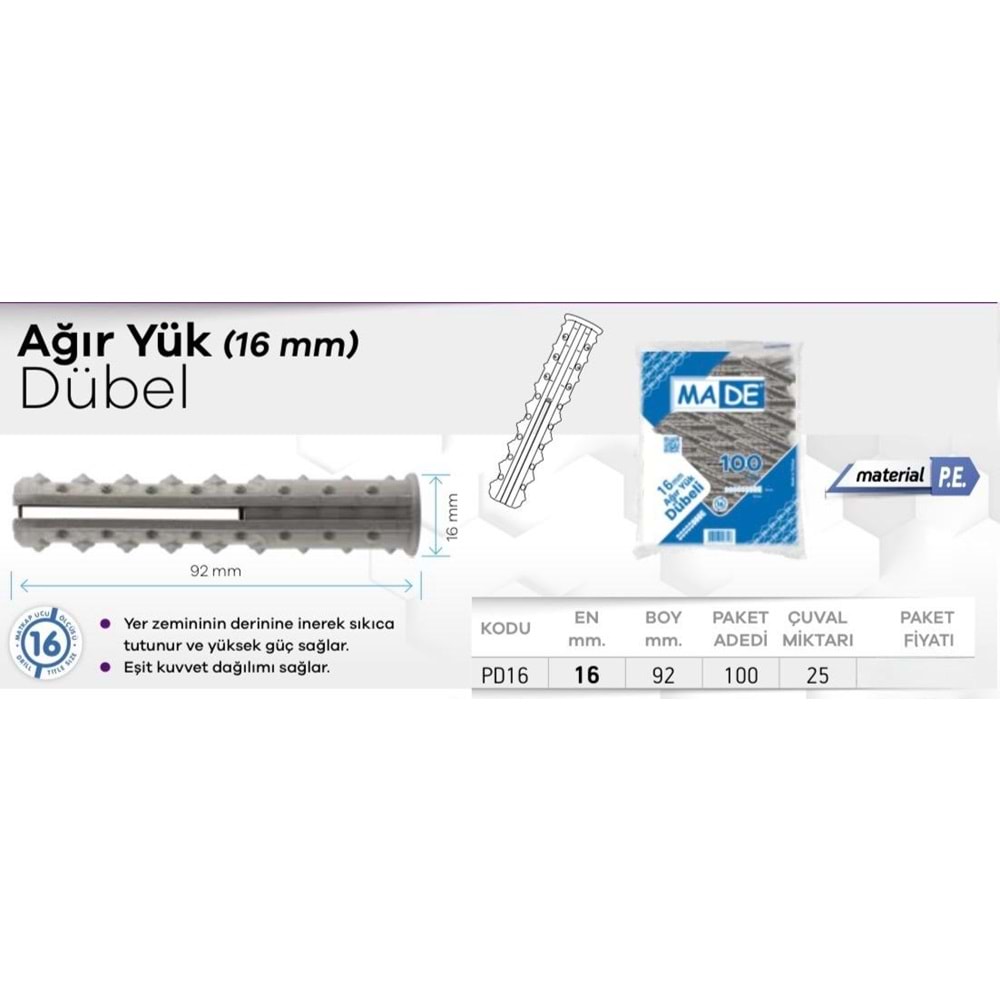 MADE PLS AĞIR YÜK DÜBELİ 16MM 100AD