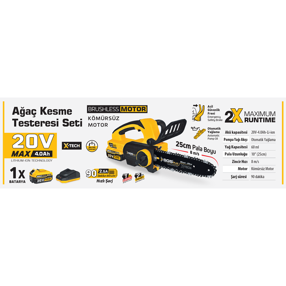 SGS- AĞAÇ KESME TESTERESİ 25CM 20V 4AH