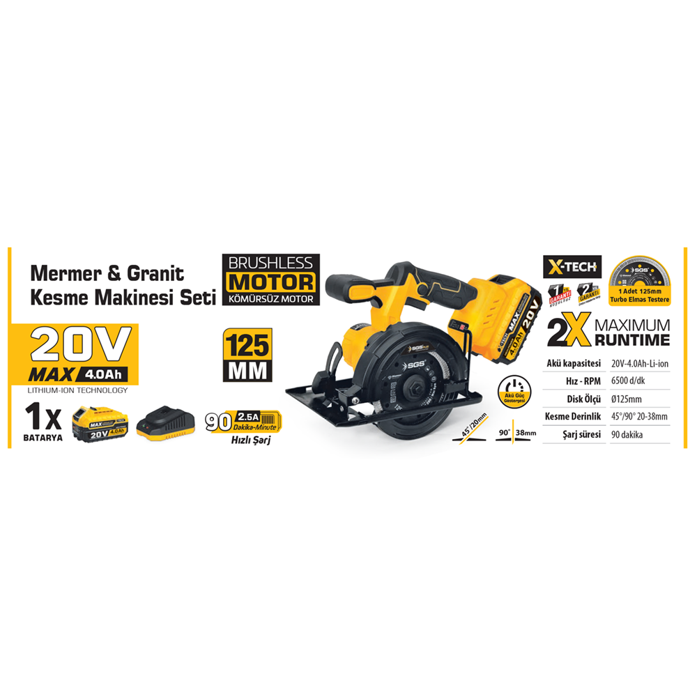 SGS- AKÜLÜ MERMER-GRANİT KESME MAKİNESŞ 20V 125MM