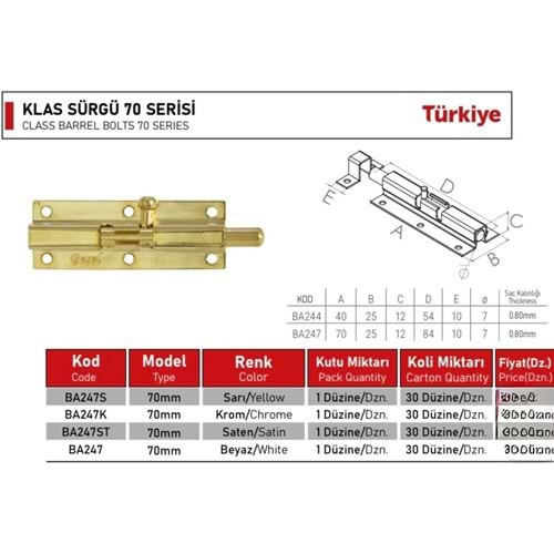 BEŞEL KLAS SÜRGÜ 70MM (P12)