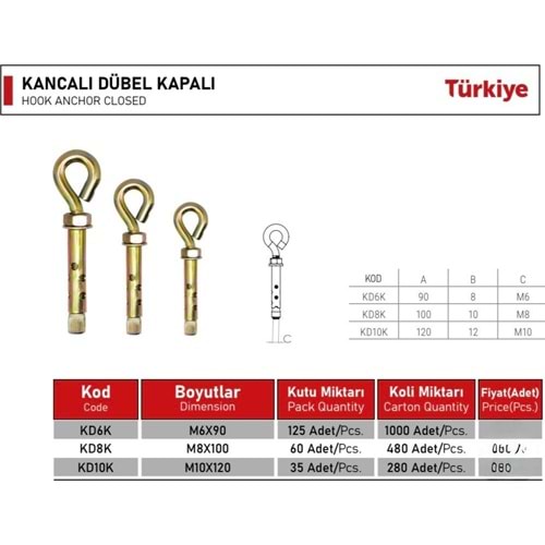 BEŞEL KANCALI DÜBEL KAPALI M6X90
