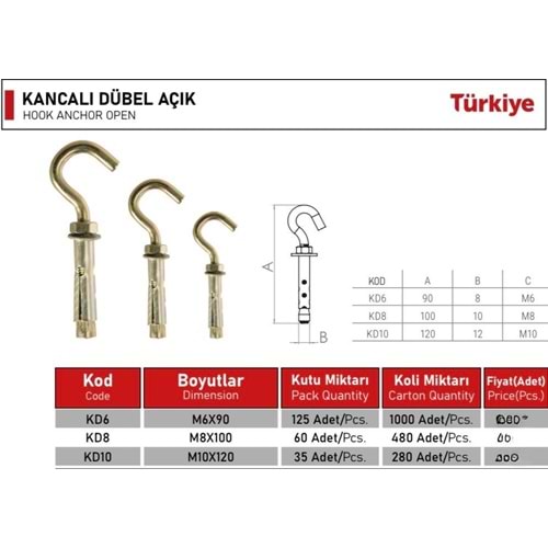 BEŞEL KANCALI DÜBEL AÇIK M8X100