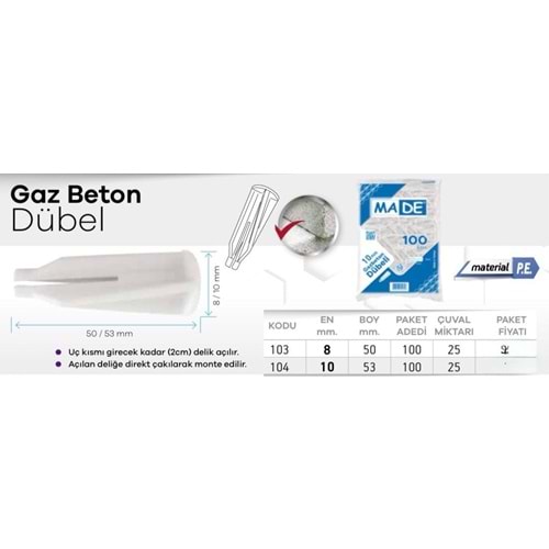 MADE GAZ BETON DÜBELİ 8MM 100AD