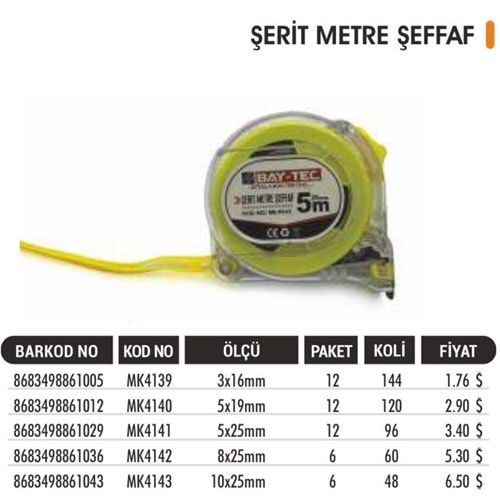 BAYTEC METRE 8MT*25MM ŞEFFAF MK4142