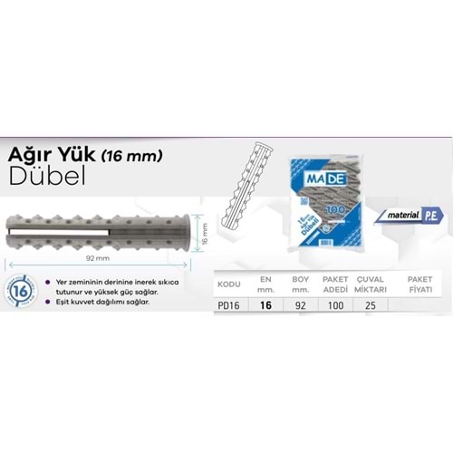 MADE PLS AĞIR YÜK DÜBELİ 16MM 100AD
