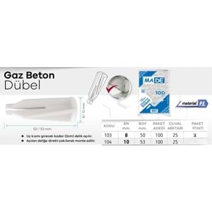 MADE GAZ BETON DÜBELİ 10MM 100AD