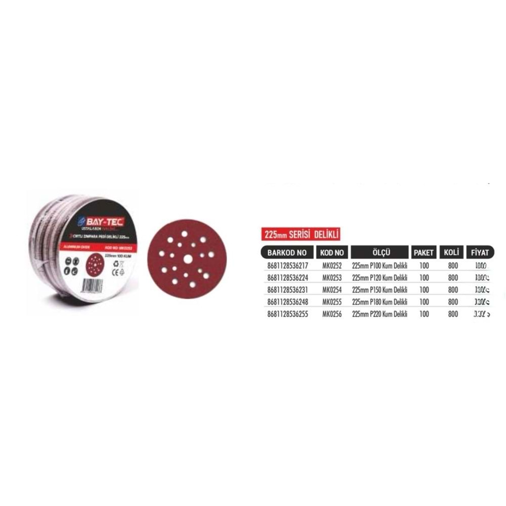 BAYTEC CIRTLI ZIMPARA DELİKLİ 225MM 220KUM