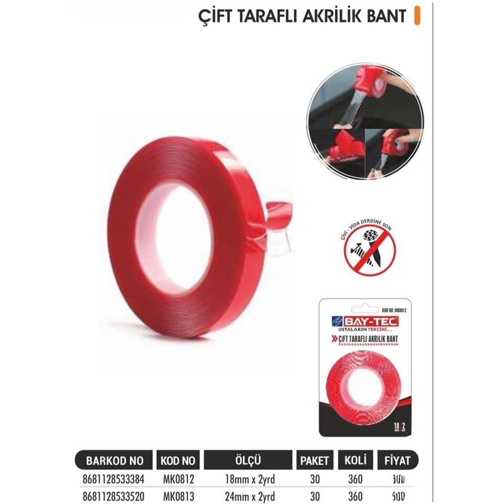 BAYTEC ÇİFT TARAFLI BANT AKRİLİK SİLİK 18MM*2M MK0812