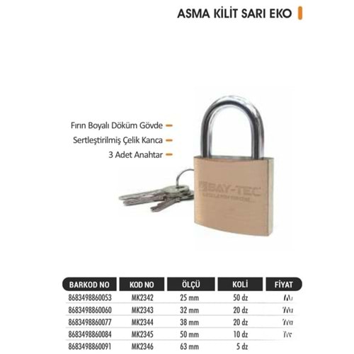 BAYTEC ASMA KİLİT SARI EKO NO 63MM MK2346 (P6)