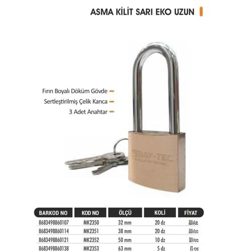 BAYTEC ASMA KİLİT SARI EKO UZUN 38MM MK2351 (P6)