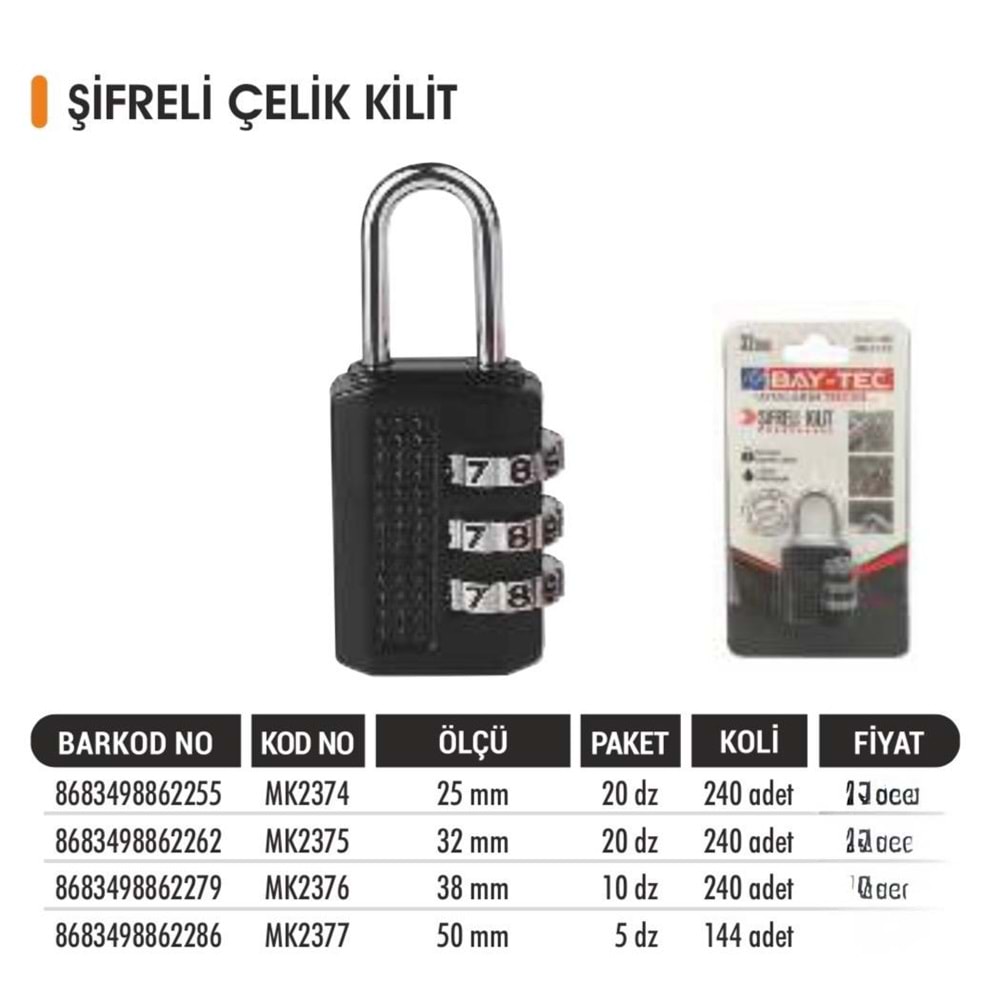 BAYTEC ASMA KİLİT ŞİFRELİ 25MM