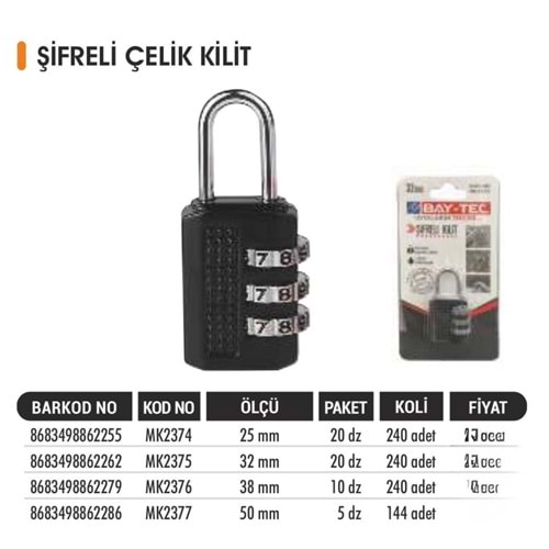 BAYTEC ASMA KİLİT ŞİFRELİ 25MM