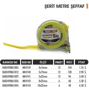 BAYTEC METRE 10MT*25MM ŞEFFAF MK4143