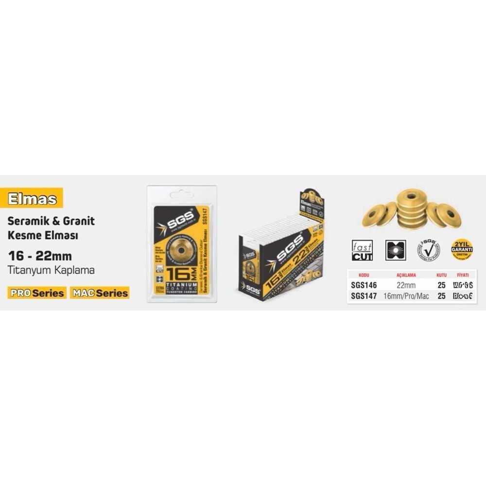SGS SERAMİK GRANİT KESME ELMAS 22MM