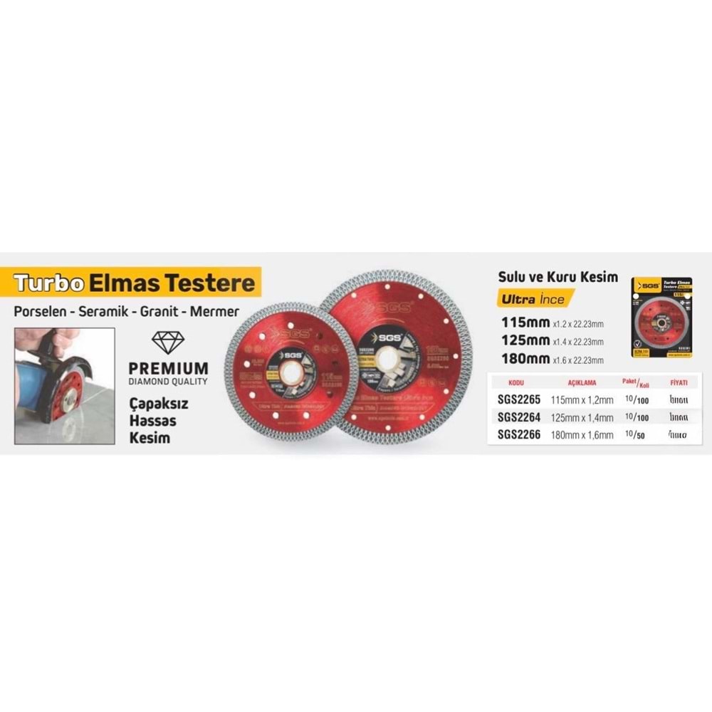SGS TESTERE ELMAS TUR KAN 180 SGS2266 ULTRA SLİM