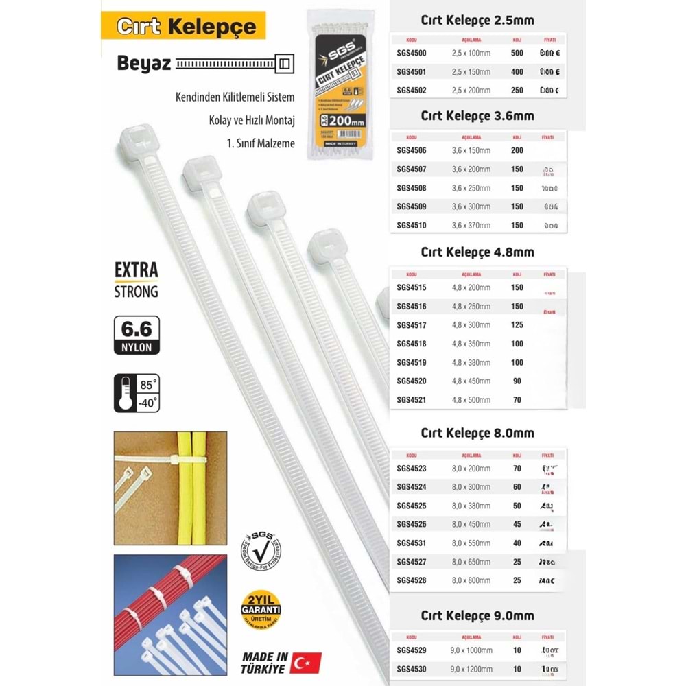 SGS KABLO BAĞI 4,8*250 -BEYAZ-