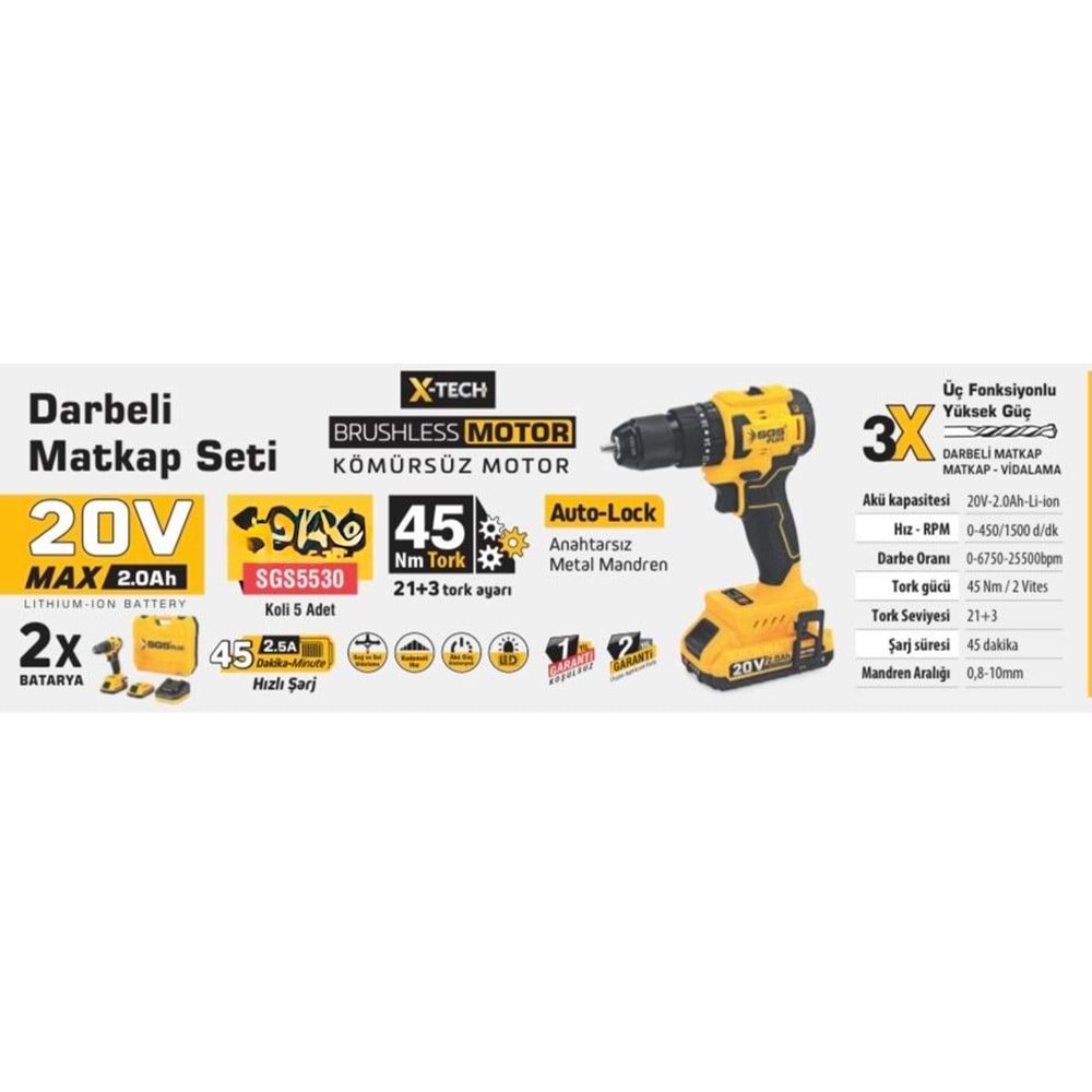SGS- MATKAP DARBELİ KÖMÜRSÜZ 20V 2AH (2 PİLLİ)